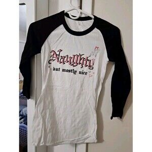 Goth Naughty But Mostly Nice W Silver Skull 3/4 Sleeve Color Block Shirt M